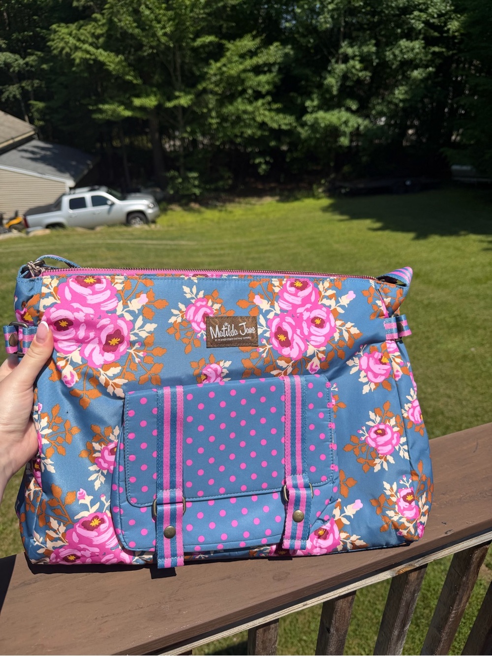 Matilda Jane Blue Floral Crossbody with Pink Floral & Polka Dot Accents